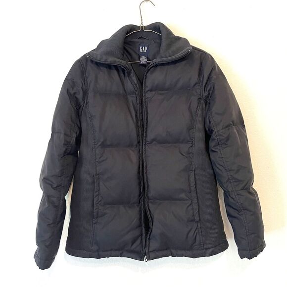 Gap Women's Puffer Jacket MEDIUM Down‎ Feather Black Full Zip Puffy Cold Control - Picture 2 of 7